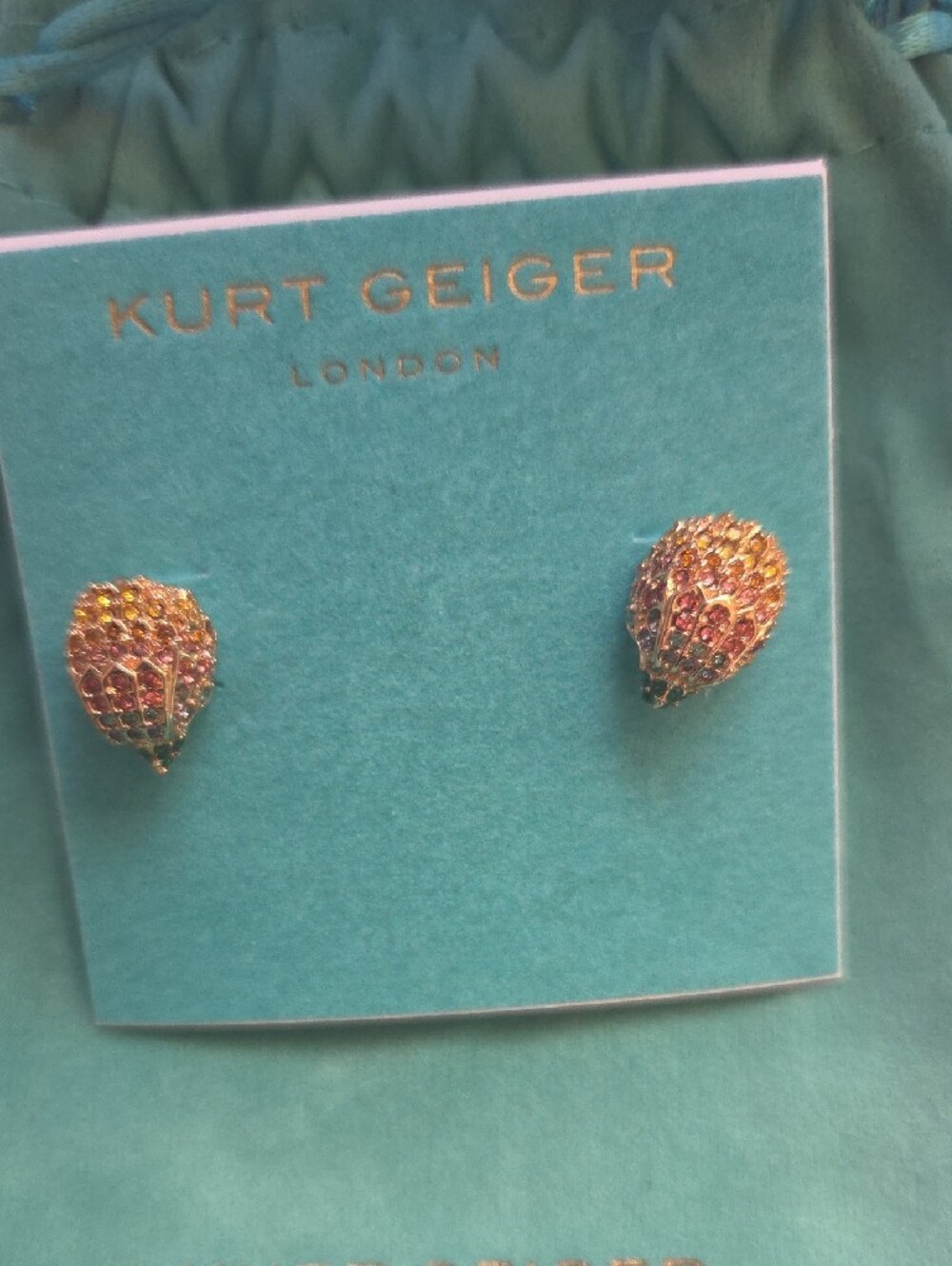 Kurt Geiger Gold Eagle Stud Earrings with Turquoise Pouch - Picture 3 of 3